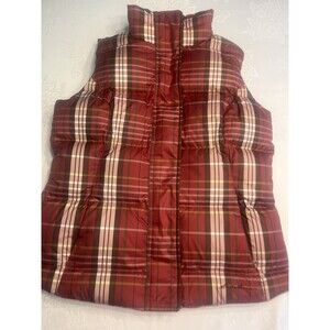 Eddie Bauer Goose Down Puffer Vest Red Brown Plaid Women’s M ~ EUC
